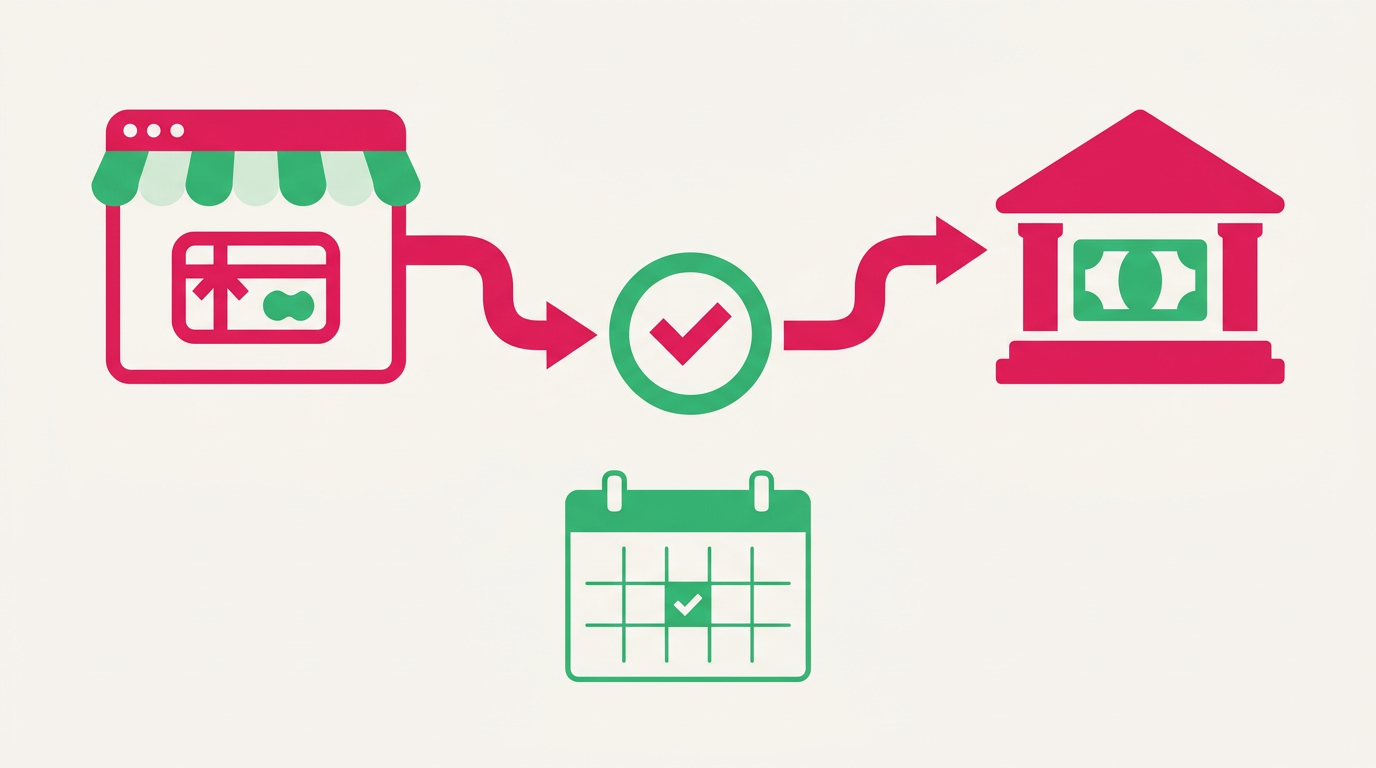 Illustratie van een geldstroom van een webshop met cadeaubon via een betaalstap naar een bank, met een kalender waarop een dag is gemarkeerd.